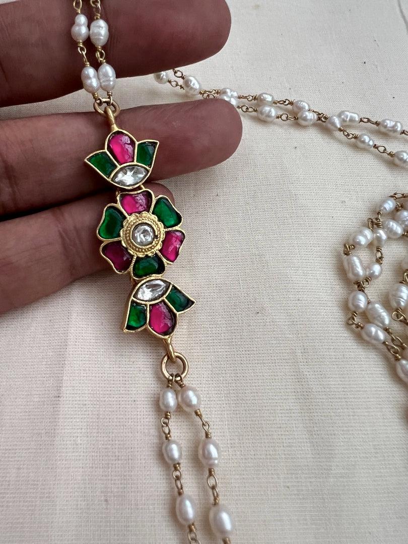 Gold polish kundan, ruby & emerald side mope with long pearl chain-Silver Neckpiece-CI-House of Taamara