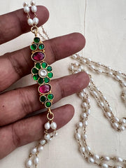 Gold polish kundan, ruby & emerald side mope with long pearl chain-Silver Neckpiece-CI-House of Taamara