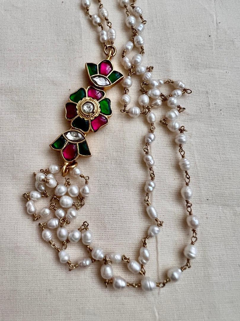 Gold polish kundan, ruby & emerald side mope with long pearl chain-Silver Neckpiece-CI-House of Taamara