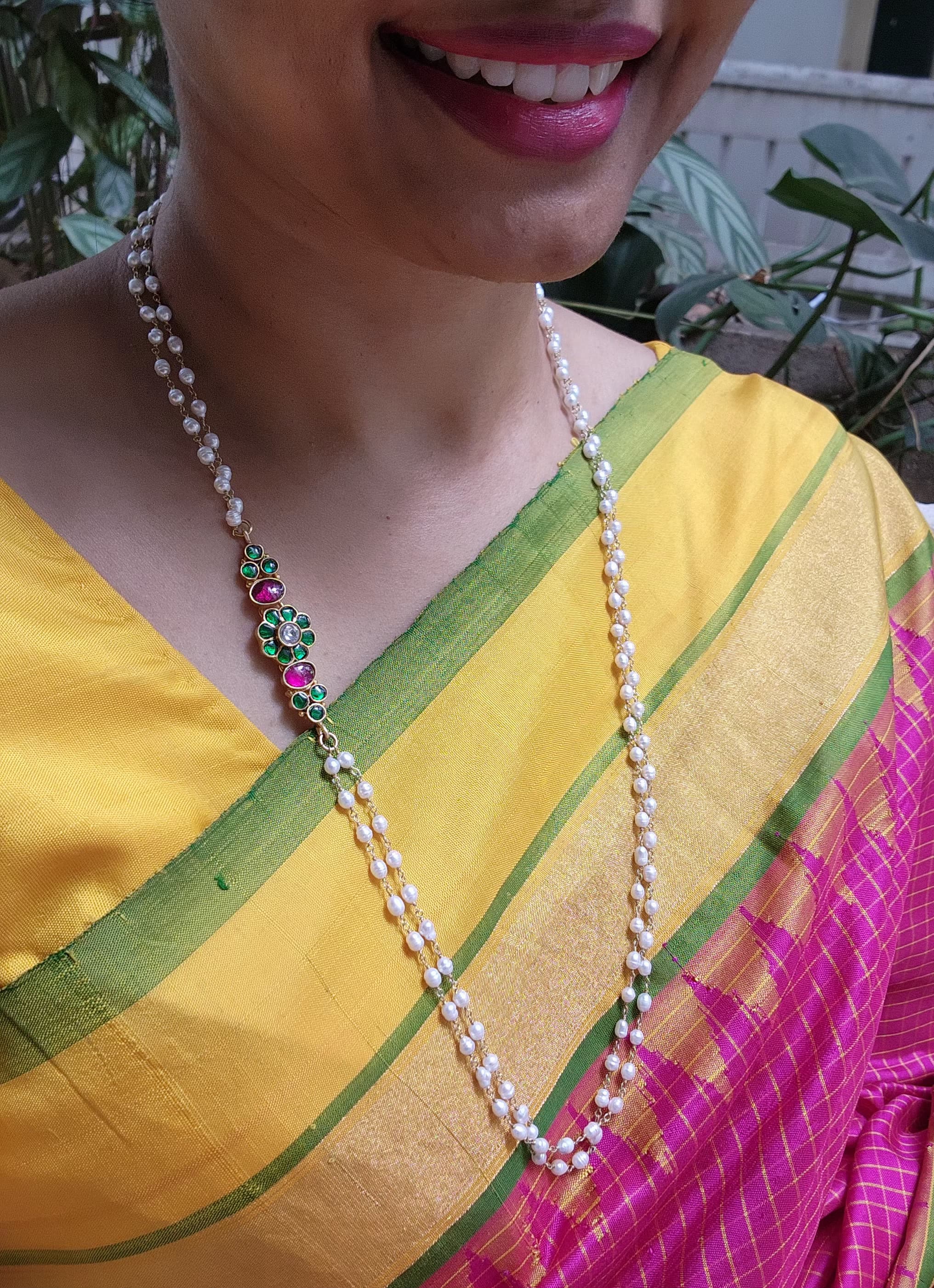 Gold polish kundan, ruby & emerald side mope with long pearl chain-Silver Neckpiece-CI-House of Taamara