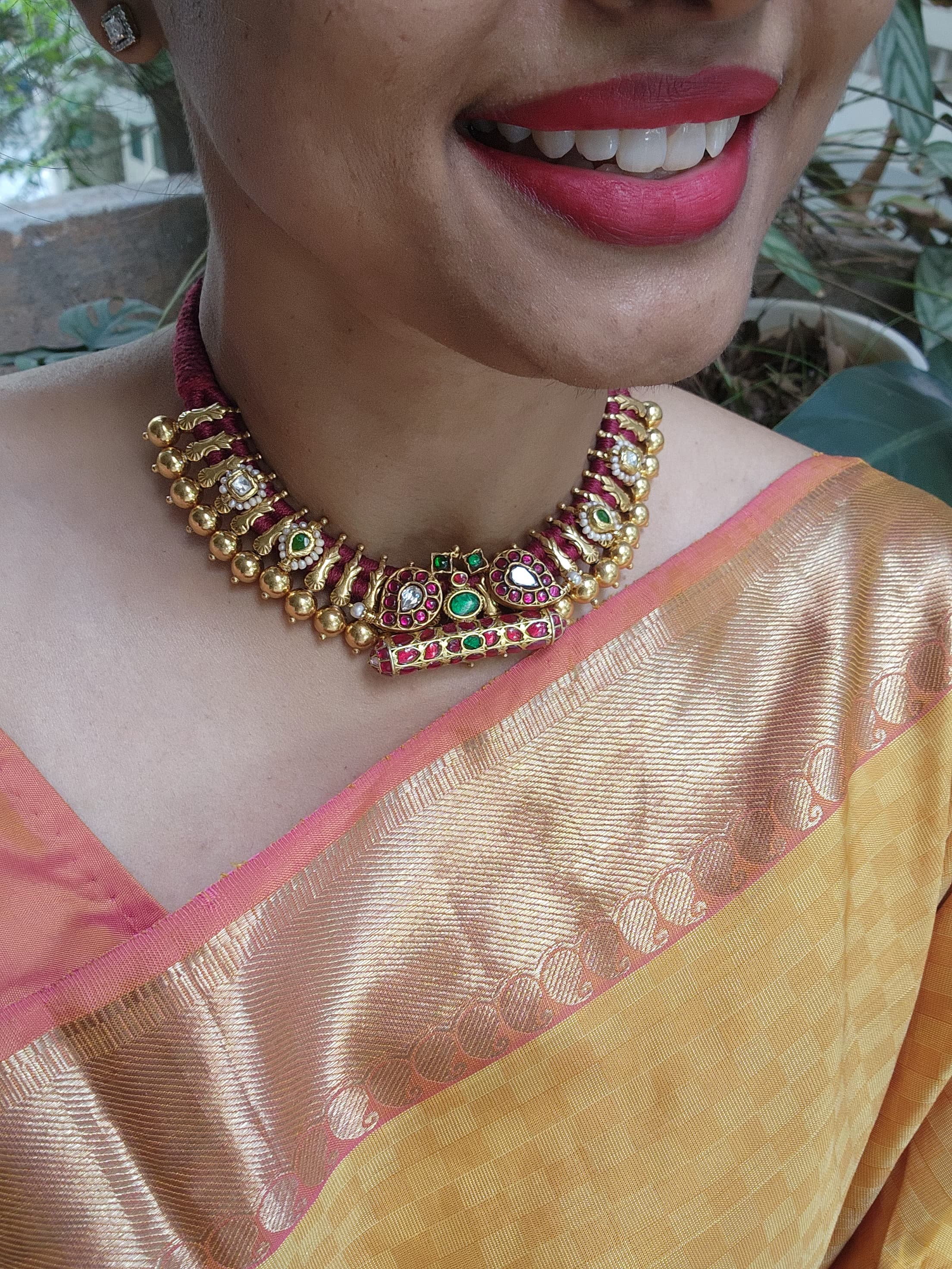 Gold polish kundan, ruby & emerald stringed choker-Silver Neckpiece-CI-House of Taamara