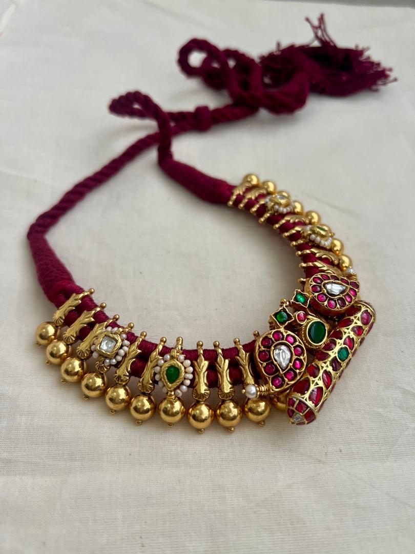 Gold polish kundan, ruby & emerald stringed choker-Silver Neckpiece-CI-House of Taamara