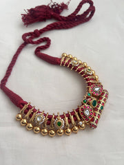 Gold polish kundan, ruby & emerald stringed choker-Silver Neckpiece-CI-House of Taamara