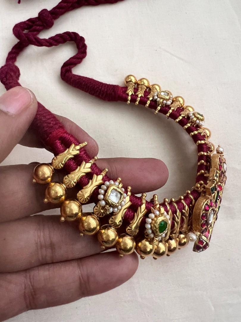 Gold polish kundan, ruby & emerald stringed choker-Silver Neckpiece-CI-House of Taamara