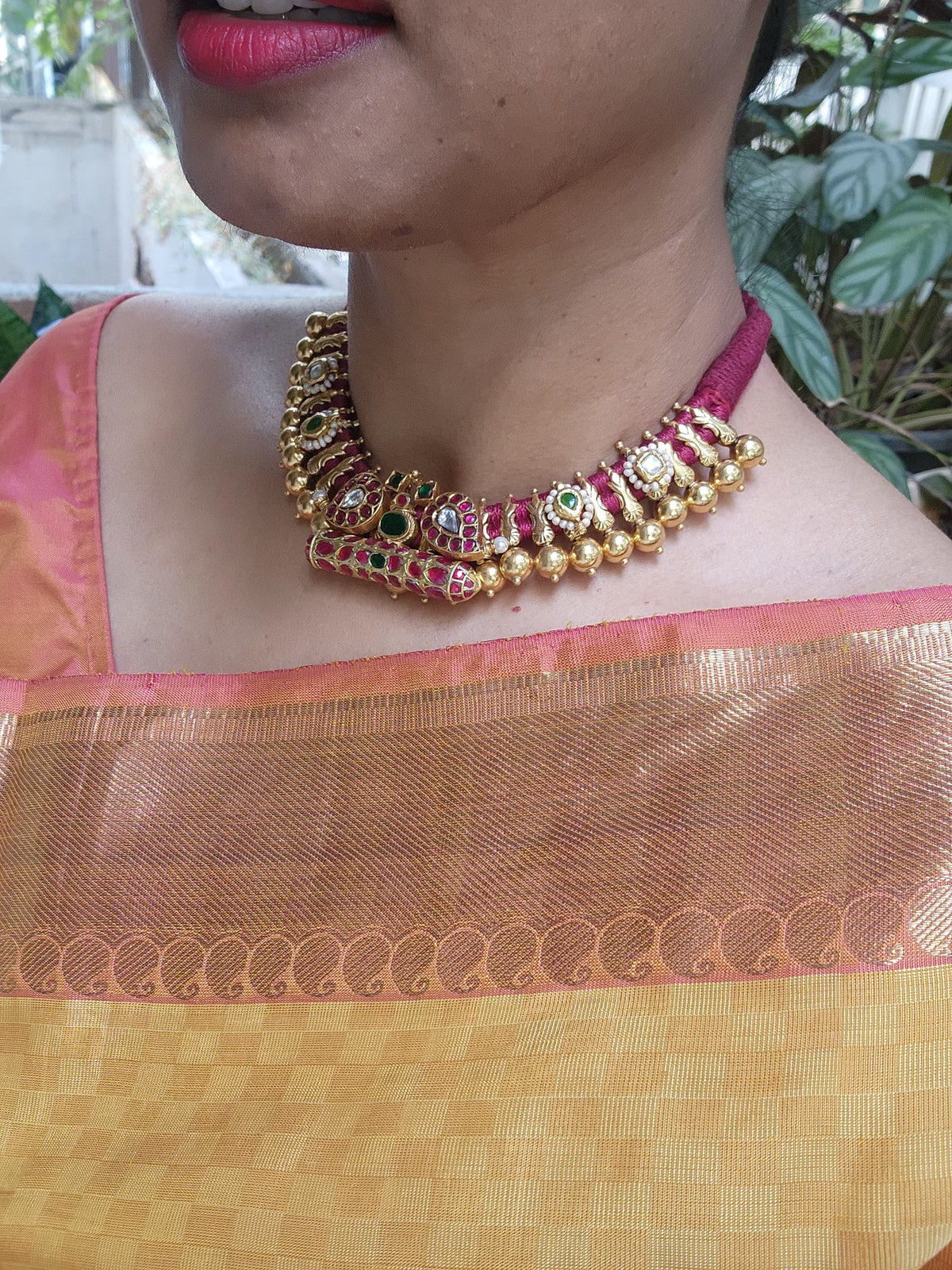 Gold polish kundan, ruby & emerald stringed choker-Silver Neckpiece-CI-House of Taamara