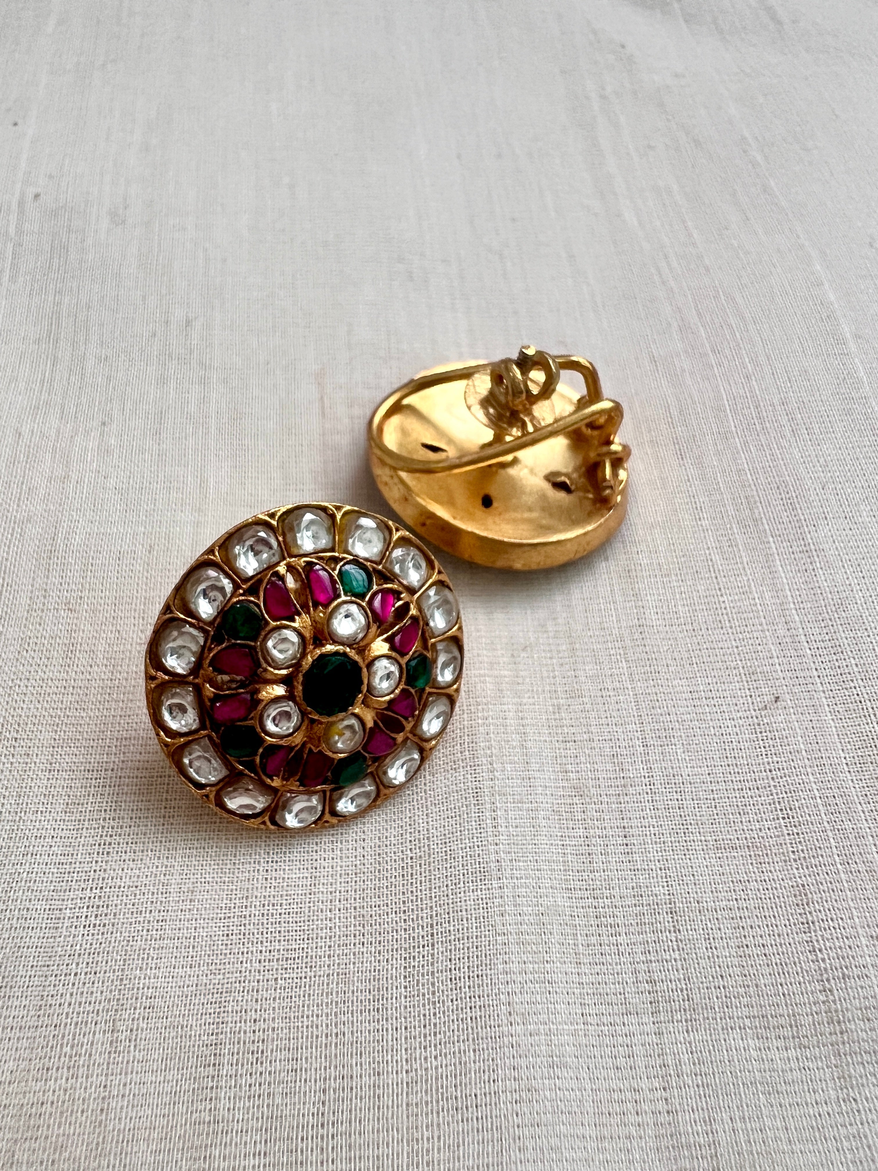 Gold polish kundan, ruby & emerald studs-Earrings-CI-House of Taamara