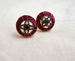Gold polish kundan, ruby & emerald studs-Earrings-CI-House of Taamara