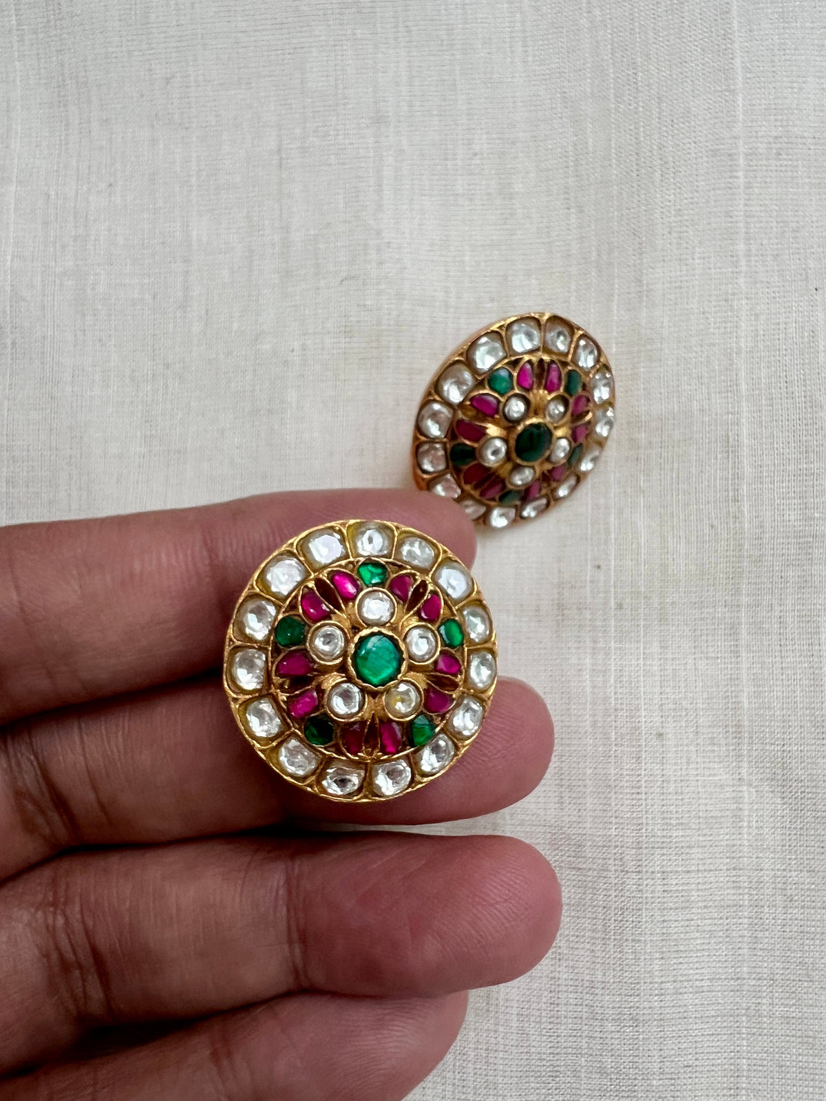 Gold polish kundan, ruby & emerald studs-Earrings-CI-House of Taamara