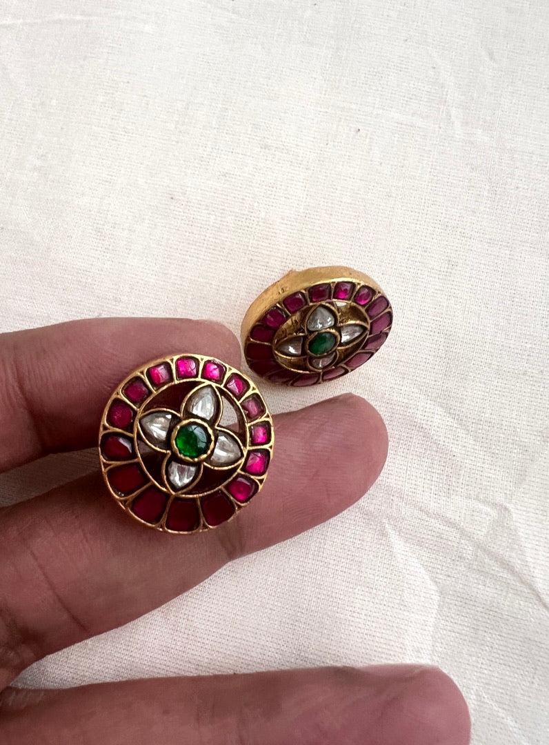 Gold polish kundan, ruby & emerald studs-Earrings-CI-House of Taamara