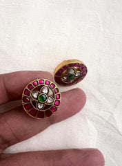 Gold polish kundan, ruby & emerald studs-Earrings-CI-House of Taamara