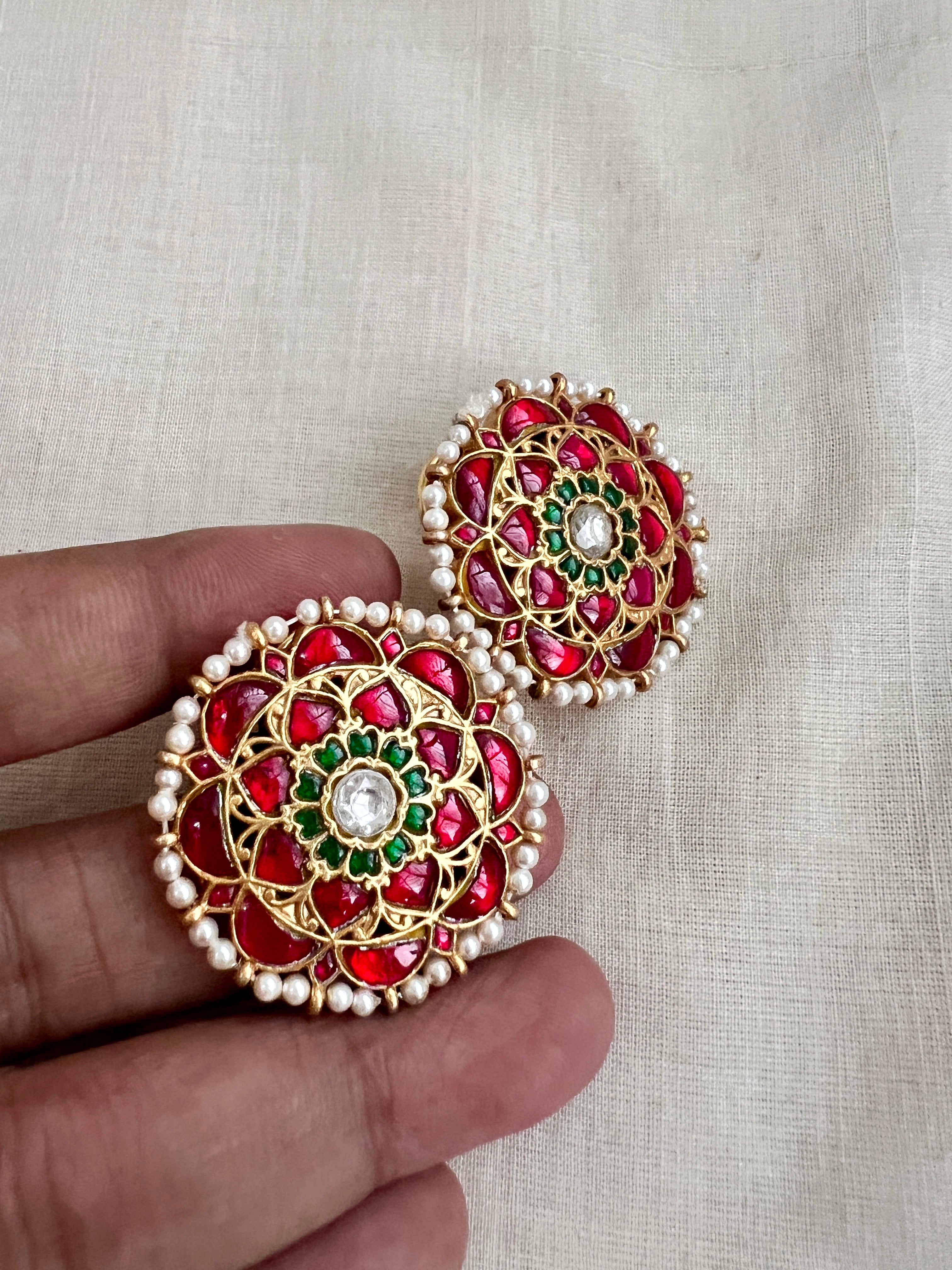 Gold polish kundan, ruby & emerald studs with pearls-Earrings-CI-House of Taamara