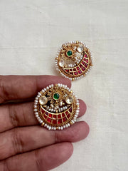 Gold polish kundan, ruby & emerald studs with pearls-Earrings-CI-House of Taamara