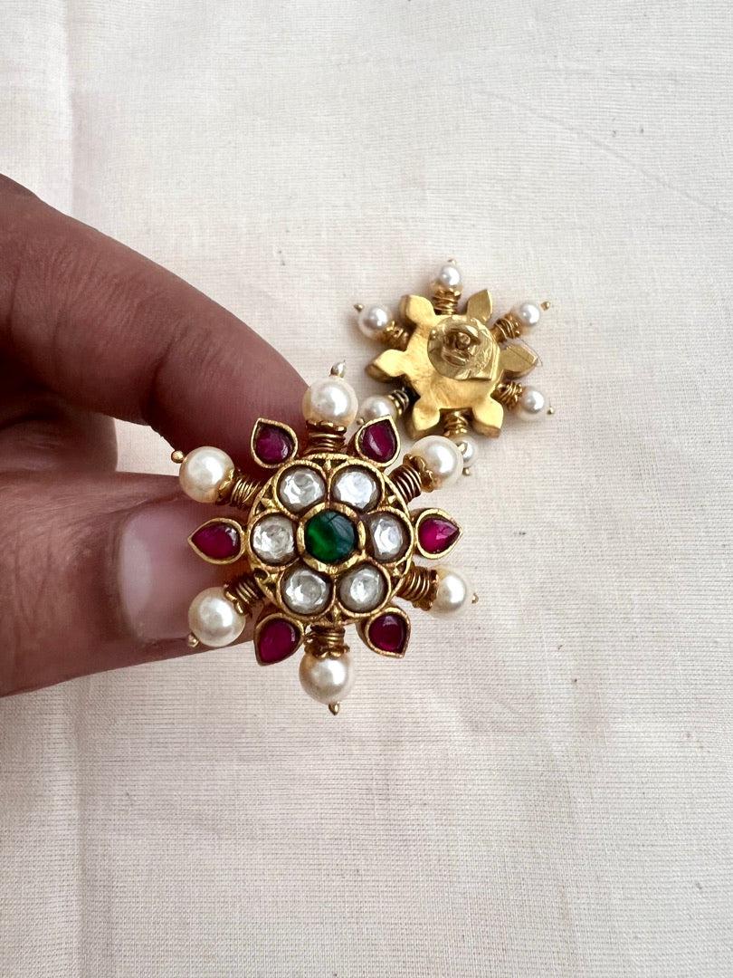 Gold polish kundan, ruby & emerald studs with pearls-Earrings-CI-House of Taamara