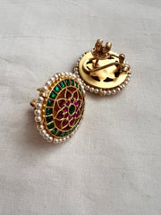 Gold polish kundan, ruby & emerald studs with pearls-Earrings-CI-House of Taamara
