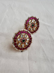 Gold polish kundan, ruby & emerald studs with pearls-Earrings-CI-House of Taamara