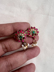 Gold polish kundan, ruby & emerald studs with pearls-Earrings-CI-House of Taamara