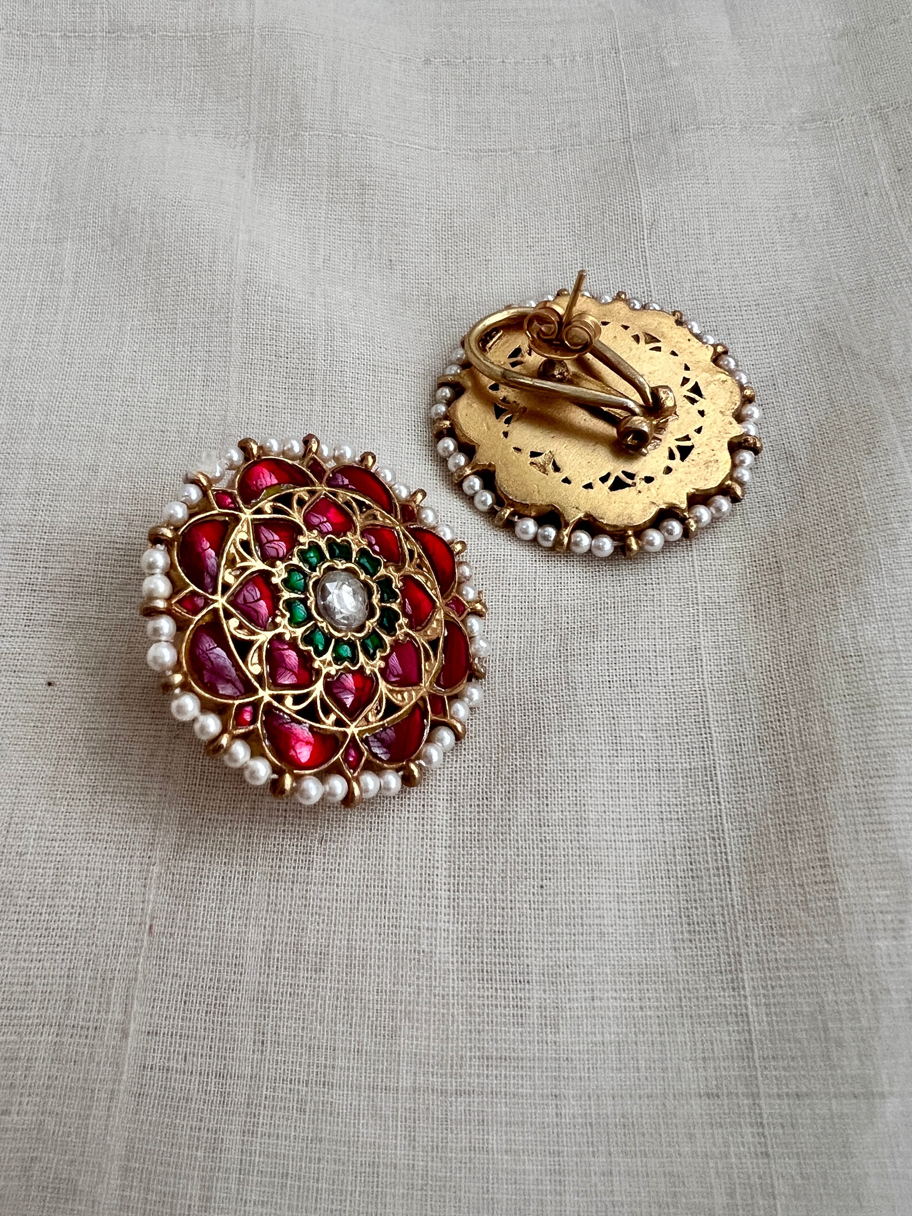Gold polish kundan, ruby & emerald studs with pearls-Earrings-CI-House of Taamara