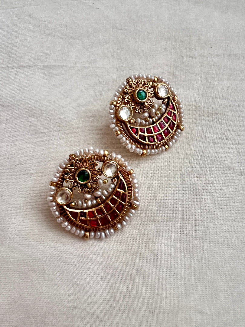 Gold polish kundan, ruby & emerald studs with pearls-Earrings-CI-House of Taamara