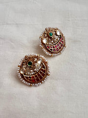 Gold polish kundan, ruby & emerald studs with pearls-Earrings-CI-House of Taamara