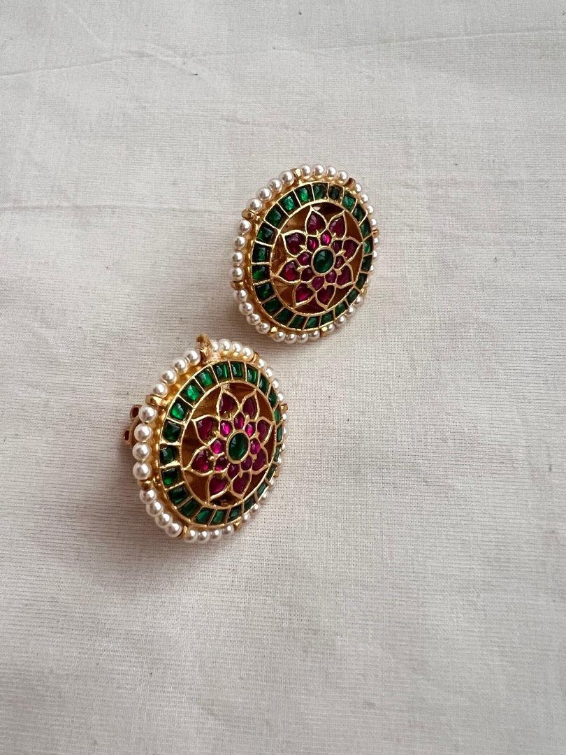 Gold polish kundan, ruby & emerald studs with pearls-Earrings-CI-House of Taamara