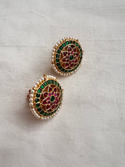 Gold polish kundan, ruby & emerald studs with pearls-Earrings-CI-House of Taamara