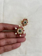 Gold polish kundan, ruby & emerald studs with pearls-Earrings-CI-House of Taamara