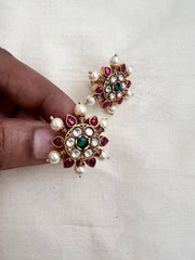 Gold polish kundan, ruby & emerald studs with pearls-Earrings-CI-House of Taamara