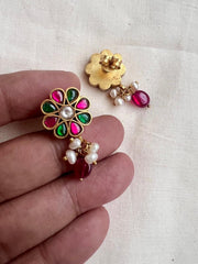 Gold polish kundan, ruby & emerald studs with pearls-Earrings-CI-House of Taamara