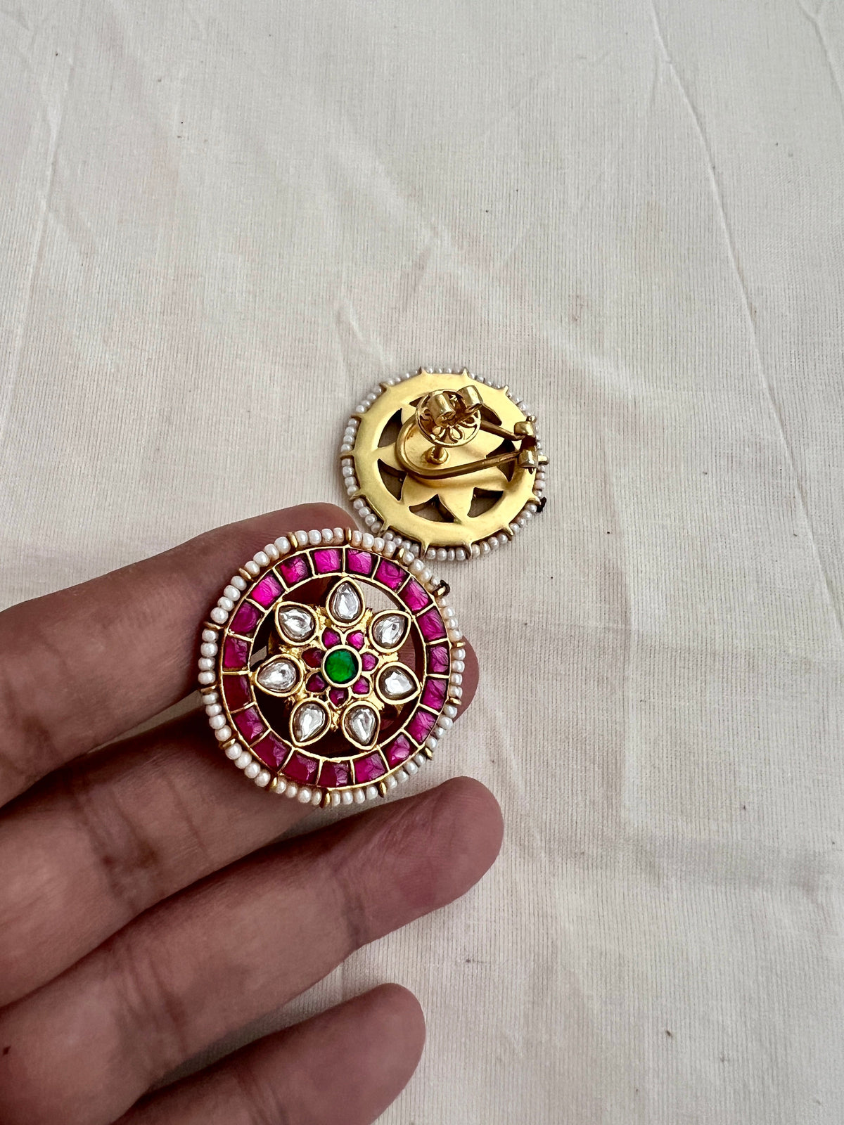 Gold polish kundan, ruby & emerald studs with pearls-Earrings-CI-House of Taamara