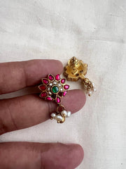 Gold polish kundan, ruby & emerald studs with pearls-Earrings-CI-House of Taamara