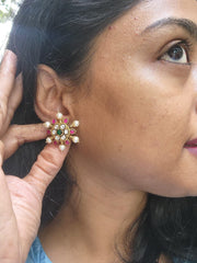 Gold polish kundan, ruby & emerald studs with pearls-Earrings-CI-House of Taamara