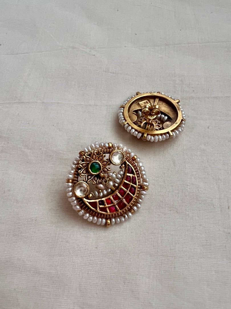 Gold polish kundan, ruby & emerald studs with pearls-Earrings-CI-House of Taamara