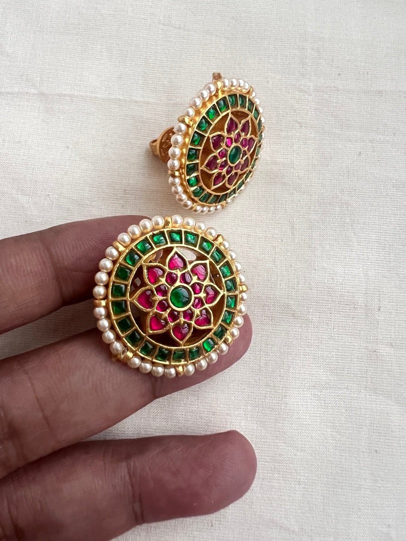 Gold polish kundan, ruby & emerald studs with pearls-Earrings-CI-House of Taamara