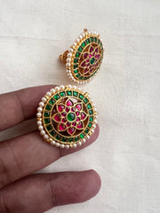 Gold polish kundan, ruby & emerald studs with pearls-Earrings-CI-House of Taamara