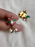 Gold polish kundan, ruby & emerald studs with pearls and green onyx beads-Earrings-CI-House of Taamara