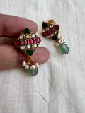 Gold polish kundan, ruby & emerald studs with pearls and jade beads-Earrings-CI-House of Taamara