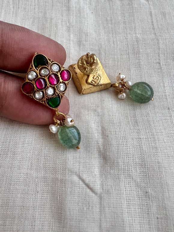 Gold polish kundan, ruby & emerald studs with pearls and jade beads-Earrings-CI-House of Taamara