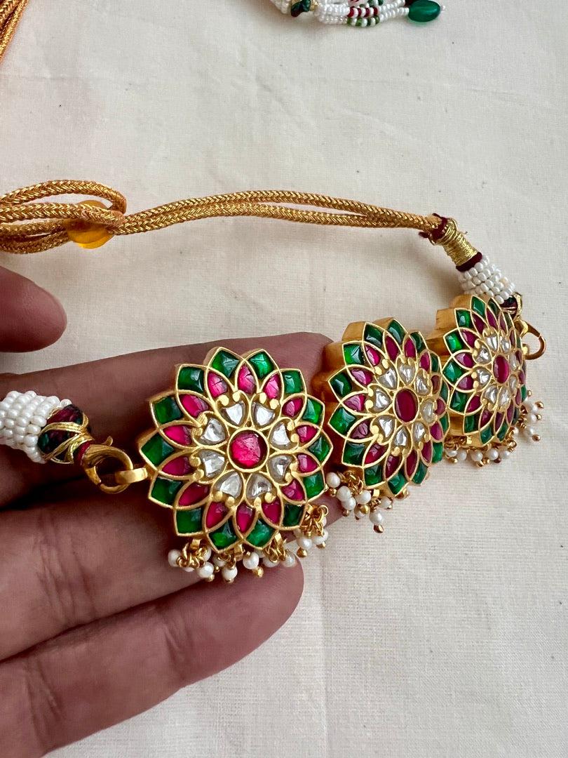 Gold polish kundan, ruby & emerald style choker with pearls-Silver Neckpiece-CI-House of Taamara