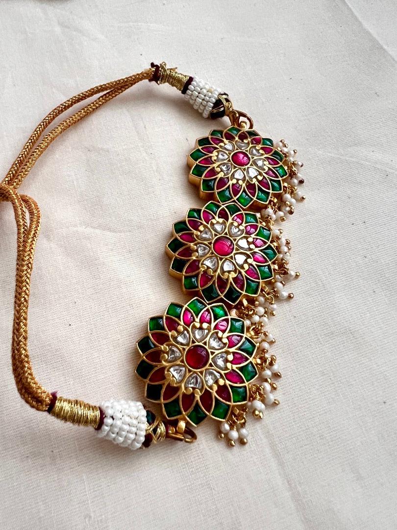 Gold polish kundan, ruby & emerald style choker with pearls-Silver Neckpiece-CI-House of Taamara