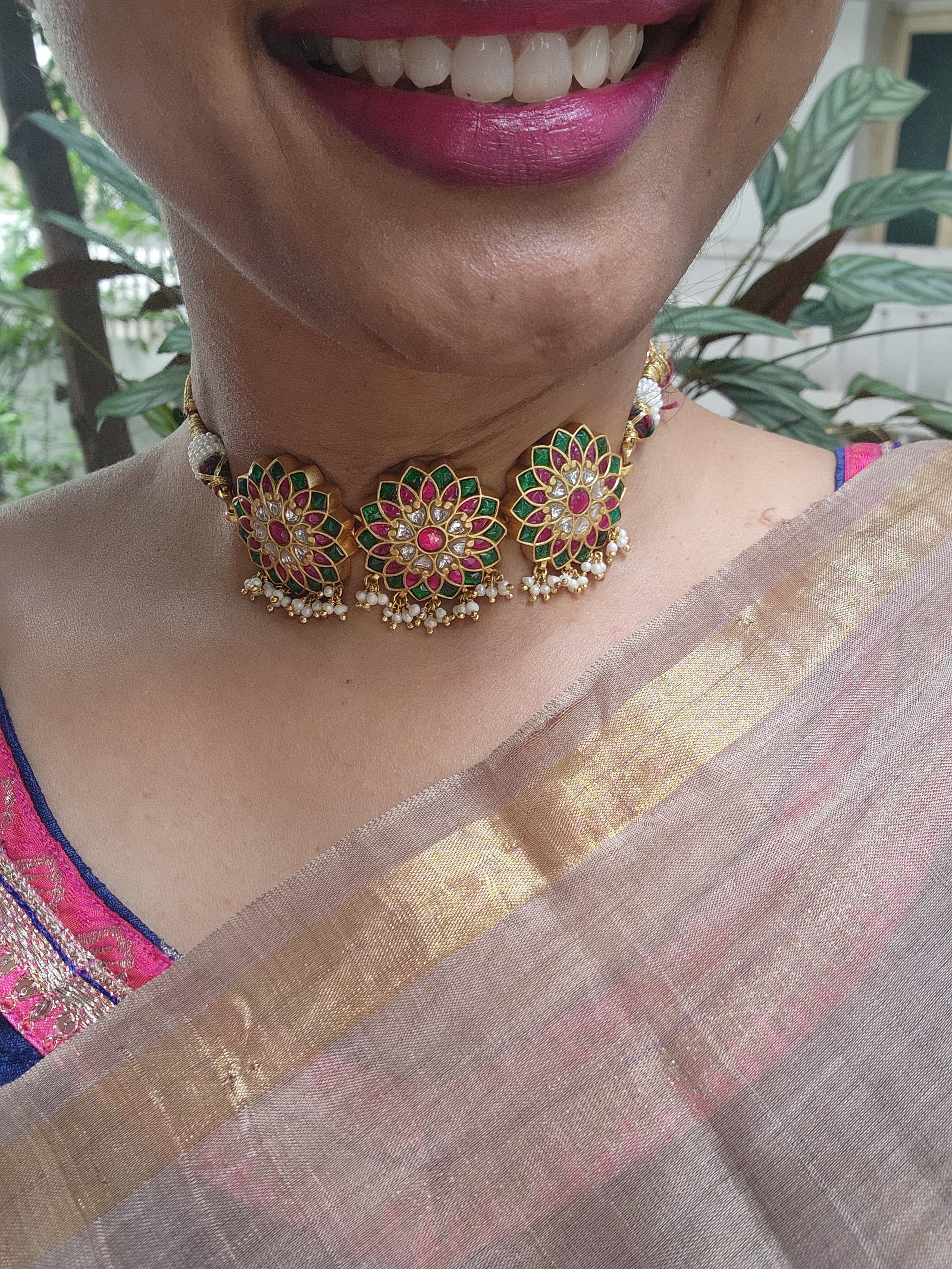 Gold polish kundan, ruby & emerald style choker with pearls-Silver Neckpiece-CI-House of Taamara