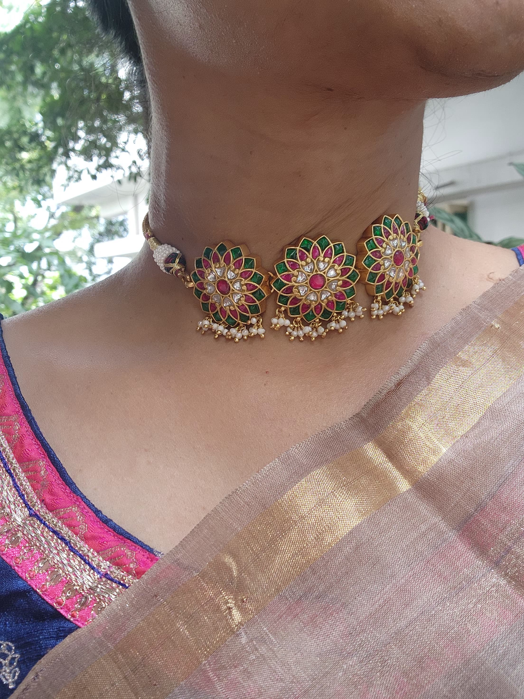 Gold polish kundan, ruby & emerald style choker with pearls-Silver Neckpiece-CI-House of Taamara