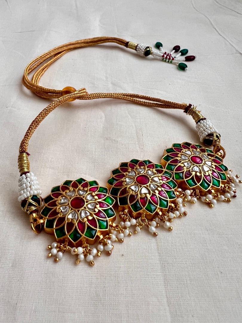 Gold polish kundan, ruby & emerald style choker with pearls-Silver Neckpiece-CI-House of Taamara