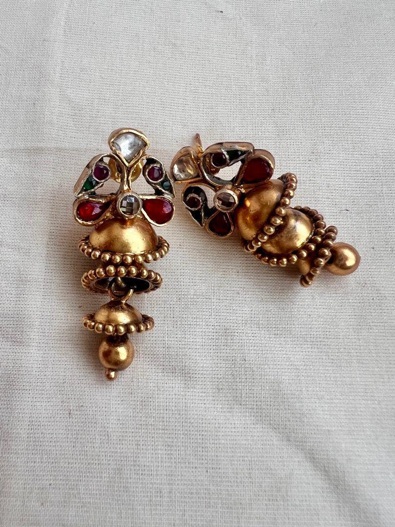 Gold polish kundan, ruby & emerald three step jhumkas-Earrings-CI-House of Taamara