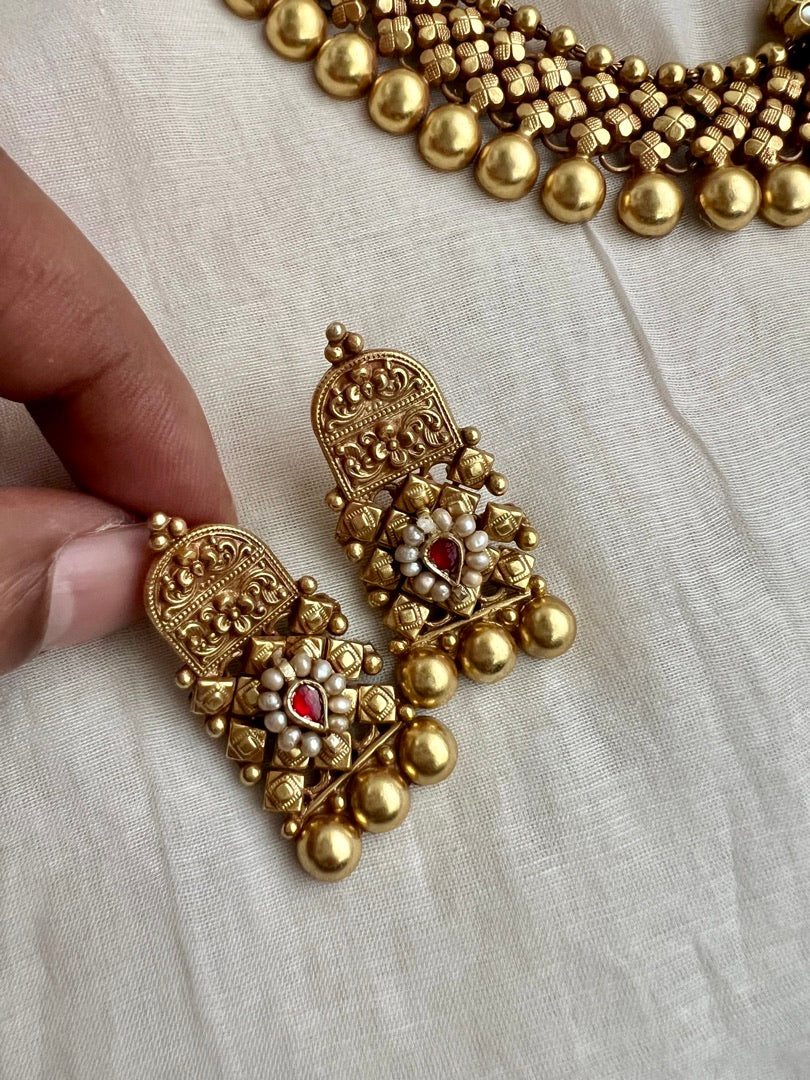 Gold polish kundan, ruby & emerald with enamel work pendant set with earrings, SET-Silver Neckpiece-CI-House of Taamara