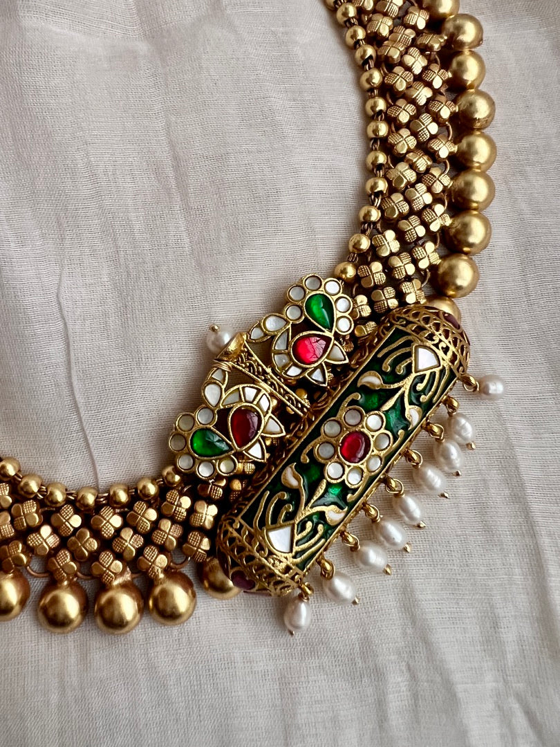Gold polish kundan, ruby & emerald with enamel work pendant set with earrings, SET-Silver Neckpiece-CI-House of Taamara