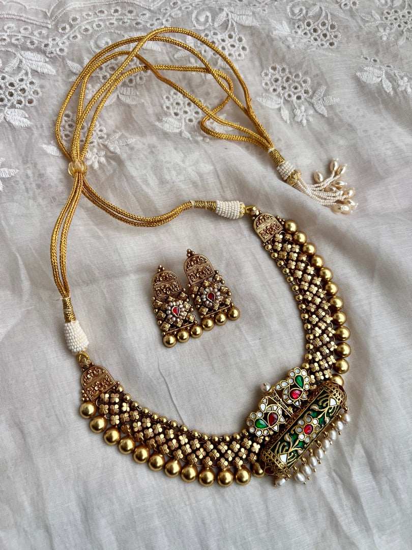 Gold polish kundan, ruby & emerald with enamel work pendant set with earrings, SET-Silver Neckpiece-CI-House of Taamara