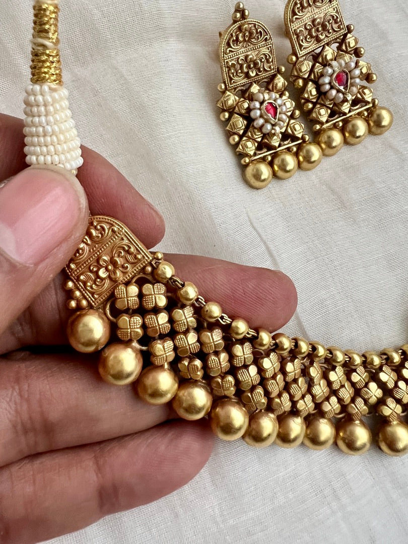 Gold polish kundan, ruby & emerald with enamel work pendant set with earrings, SET-Silver Neckpiece-CI-House of Taamara