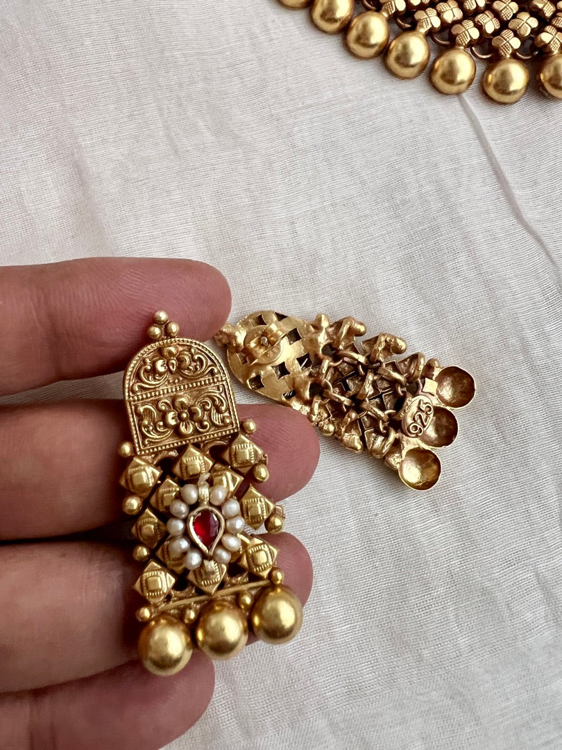 Gold polish kundan, ruby & emerald with enamel work pendant set with earrings, SET-Silver Neckpiece-CI-House of Taamara