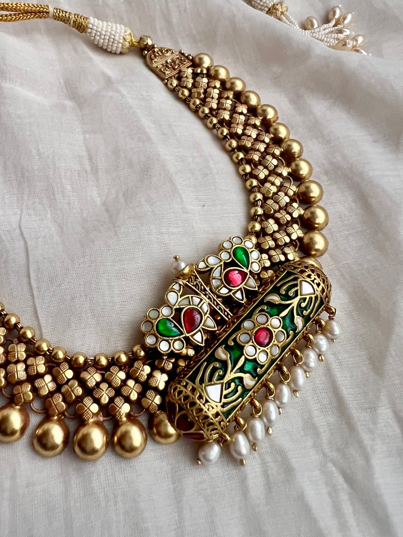 Gold polish kundan, ruby & emerald with enamel work pendant set with earrings, SET-Silver Neckpiece-CI-House of Taamara