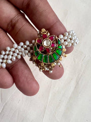 Gold polish kundan, ruby & emerald with mesh pearls bracelet-Silver Bracelet-CI-House of Taamara